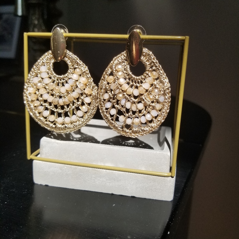 Chicos Gold Crochet Earrings with iridescent rondelle beads